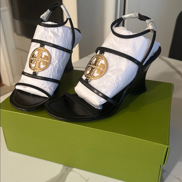 Shoes - Tory Burch Black Wedge Sandals with Gold Accent